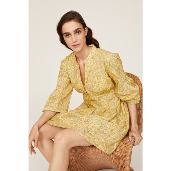 DEREK LAM 10 X RTR Yellow Floral 100% Cotton Hourglass V-Neck Mini Dress Size 42 - Picture 3 of 16
